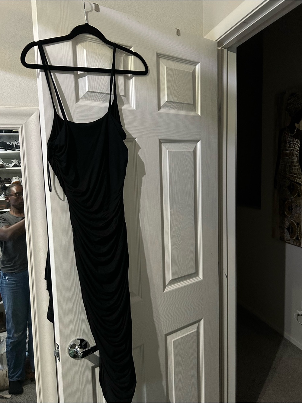 JLUXLABEL Black Ruched Midi Dress with Spaghetti Straps